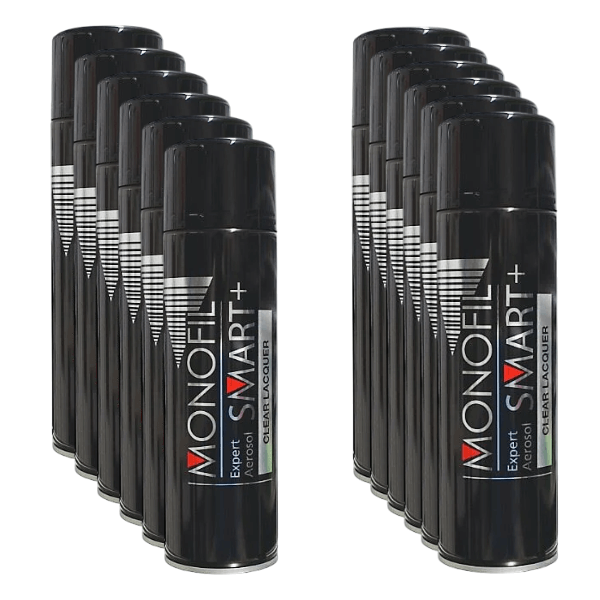 Monofil Smart+ Clear Lacquer 500ml cans arranged in a row for durable, high-gloss finishes.