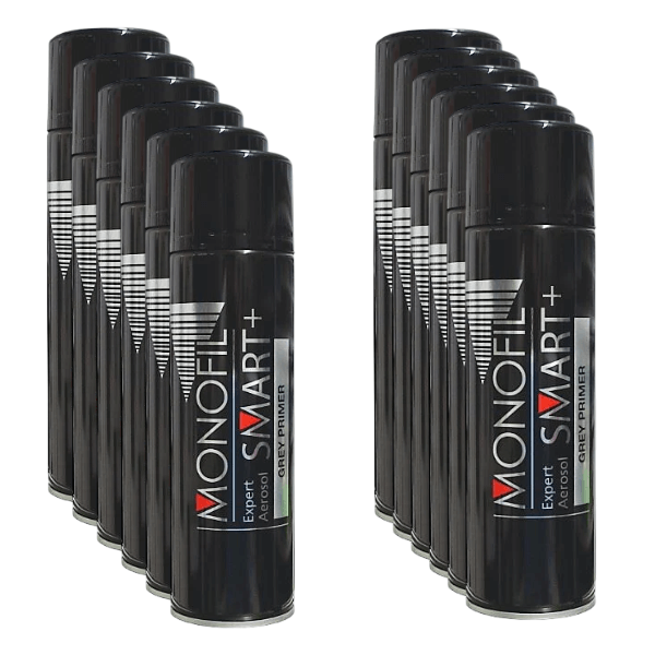 Monofil Smart+ Spray Primer (500ml) cans displayed in a row, showcasing the fast-drying acrylic aerosol primer.