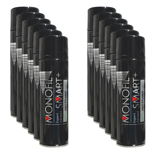 Monofil Smart+ Spray Primer (500ml) cans arranged in a row for automotive refinishing.