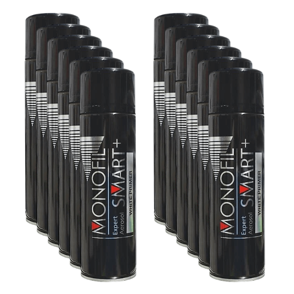 Monofil Smart+ Spray Primer (500ml) aerosol cans arranged in rows, showcasing white primer for automotive use.