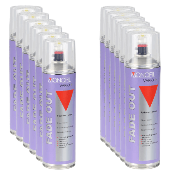 Monofil Vario+ Fade Out (500ML) spray cans arranged, ideal for automotive refinishing and spot repairs.