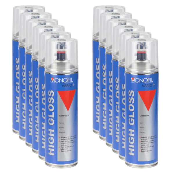 Monofil Vario+ Clearcoat (500ML) spray cans lined up showcasing high-gloss finish for professional refinishing.