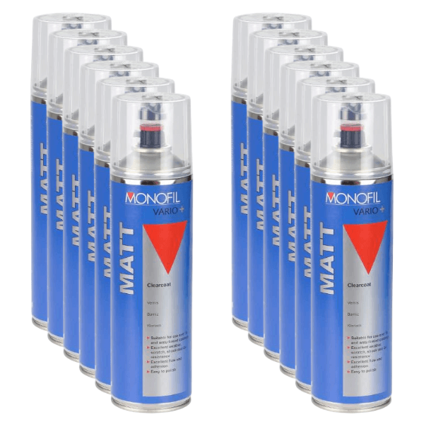 Monofil Vario+ Clearcoat (500ML) spray cans arranged in two rows, showcasing professional-grade finish for refinishing.