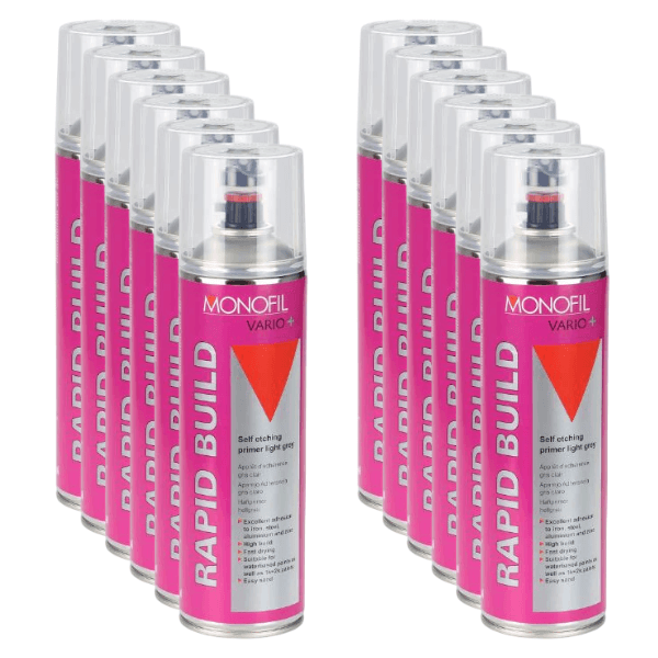 Monofil Vario+ Rapid Build (500ML) spray cans for high-performance surface preparation in automotive refinishing.