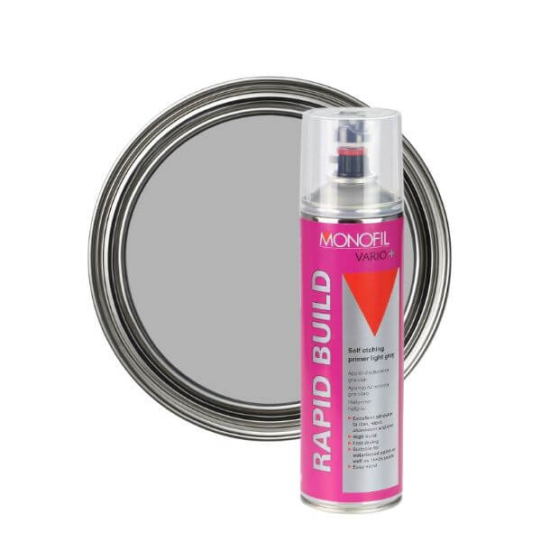 Monofil Vario+ Rapid Build (500ML) spray can with primer in a circular tin, designed for high-performance surface preparation.