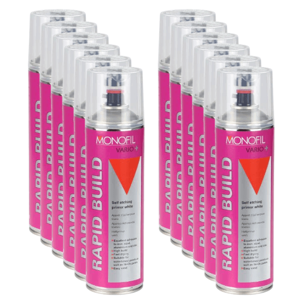 Monofil Vario+ Rapid Build (500ML) high-performance primer filler spray cans arranged in rows.