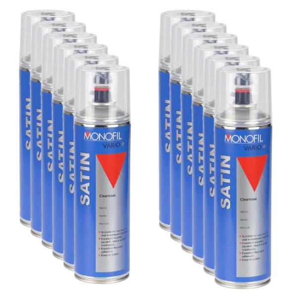 Monofil Vario+ Clearcoat (500ML) spray cans arranged in a row, showcasing fast-drying clear finish for professional refinishing.