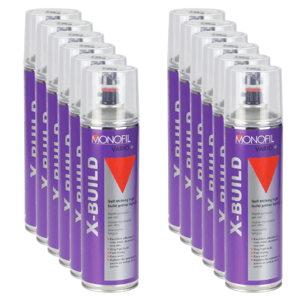Monofil Vario+ X Build Light Grey (500ML) high-build filler spray cans arranged in a row.