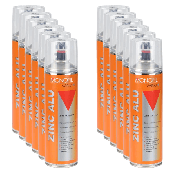 Monofil Vario+ Zinc Alu (500ML) spray cans lined up for corrosion protection and metal repair.
