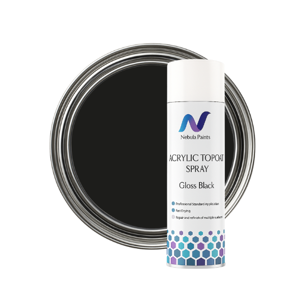 Nebula Paints acrylic topcoat spray can for gloss black paint on a white background