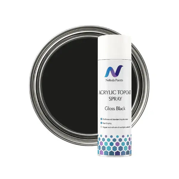 Nebula Paints Acrylic Topcoat Spray Paint (500 ml) in Gloss Black with a paint can on a silver background.