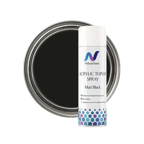 Nebula Paints Acrylic Topcoat Spray Paint (500 ml) in Matt Black, featuring a fast-drying professional finish.