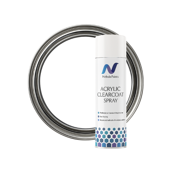 Nebula Paints acrylic clearcoat spray can with a coil of wire on a white background