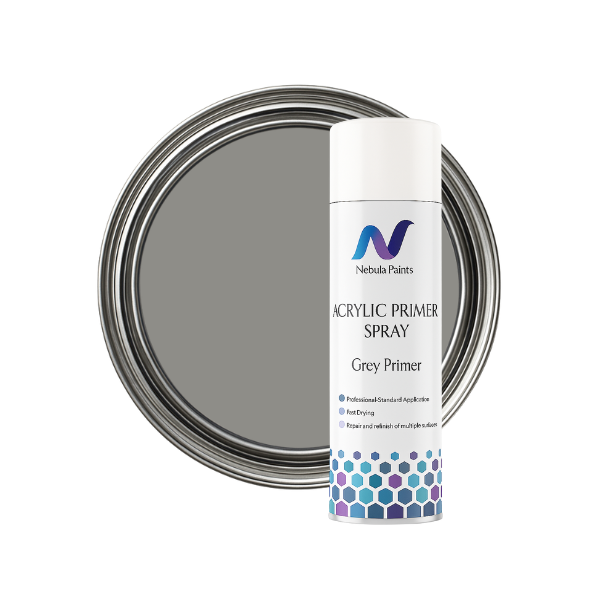 Nebula Paints acrylic primer spray can with a gray paint swatch on a white background