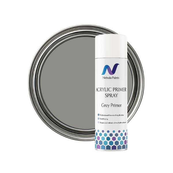 Nebula Paints Acrylic Primer Spray (500ml) with grey primer and circular color sample.