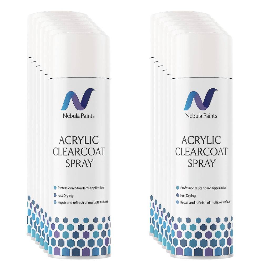 Nebula Paints Clear Acrylic Lacquer 500ml aerosol spray cans for durable high-gloss protection.