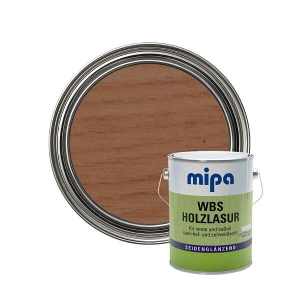 Mipa Paint WBS Wood Stain Oak 2.5 Ltr - Ideal for Fence Painting, showcasing wood stain canister and color sample.