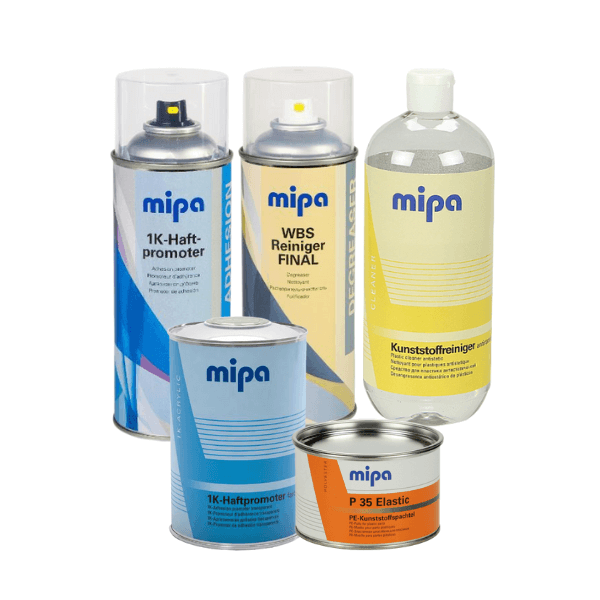 Mipa Plastic Adhesion Kit with various components including 1K Haftpromoter and WBS Reiniger, ideal for automotive plastic repair