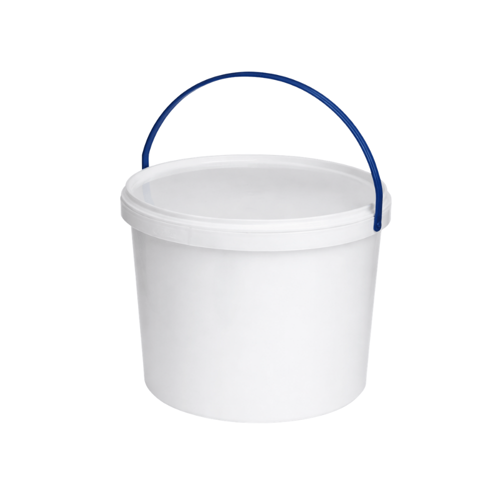Starchem Polypropylene Paint Pot with Lid, durable white pot with blue handle, ideal for paint storage.