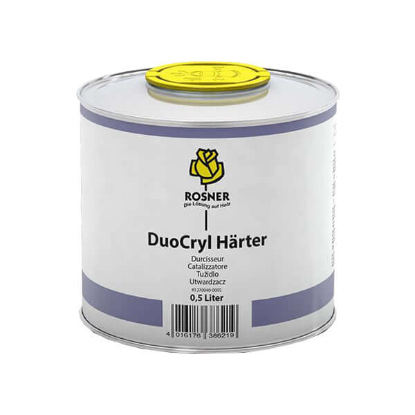 Rosner DuoCryl Hardener 500ml container for clearcoats and PU topcoats.