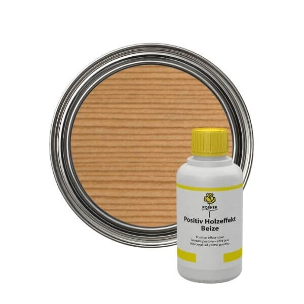 Rosner Positive Wood Effect Stain (1L) container and bottle with wood effect finish sample.