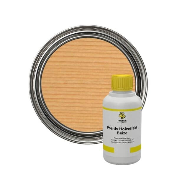 Rosner Positive Wood Effect Stain (1L) bottle and lid with a wood finish swatch.