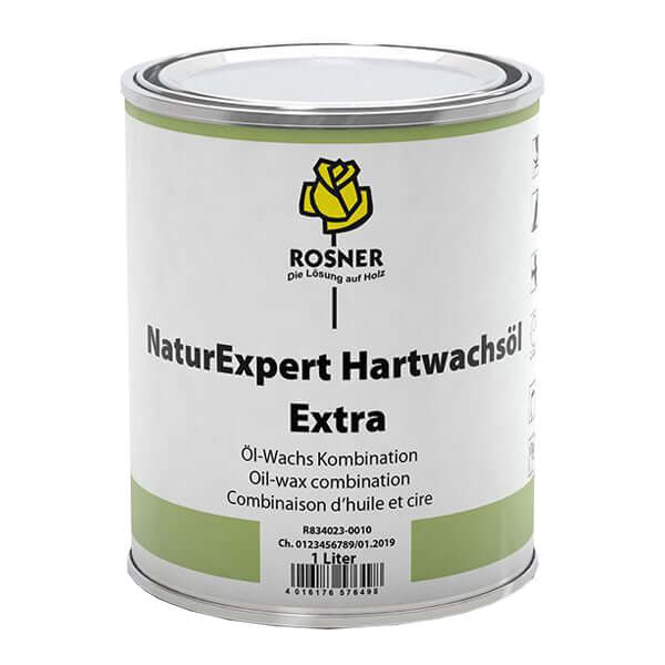 Rosner NaturExpert Hard Wax Oil 1Ltr eco-friendly wood finish in a can for floors and furniture.