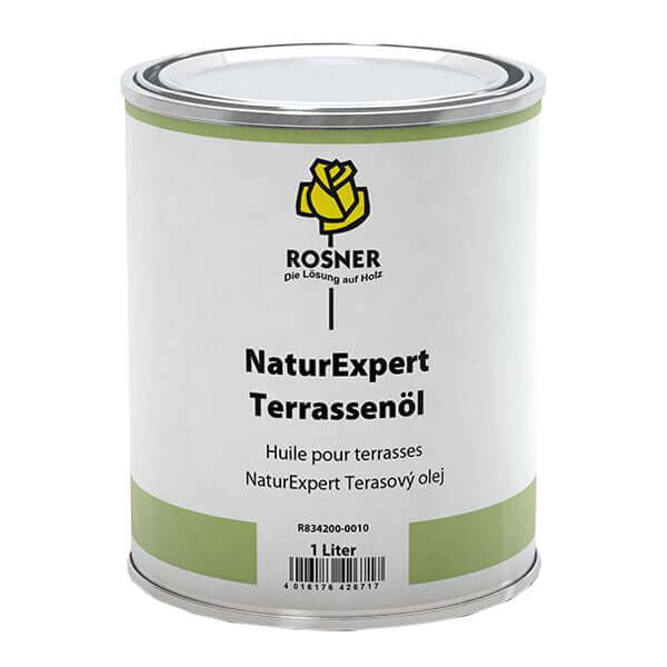 Rosner NaturExpert Terrace Oil 1Ltr can for wood protection and UV protection, suitable for outdoor surfaces.