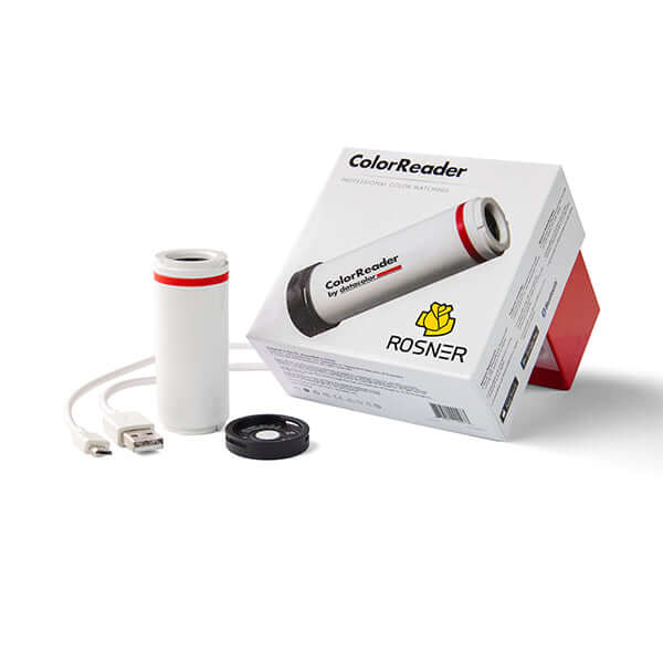 Rosner Pro Mix Colour Reader device with packaging and USB cable for accurate colour measurement.