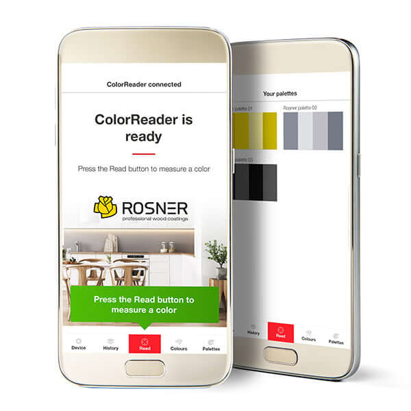 Image of Rosner Pro Mix Colour Reader app interface showcasing color measurement features.