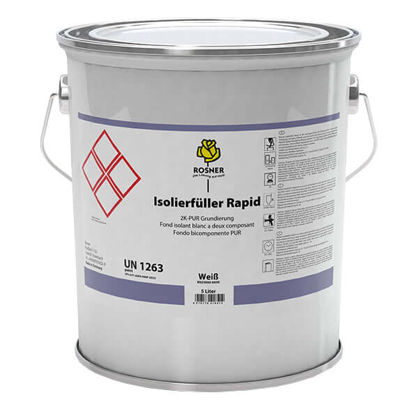 Rosner Insulating Filler Rapid 5L White 5 Ltr in a metal container with safety symbols and product information.
