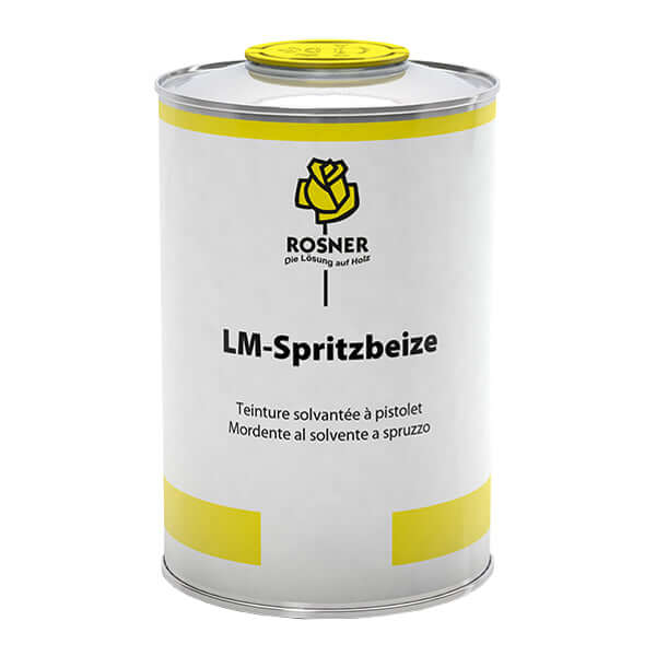Rosner LM Solvent Spray Wood Stain (1L) canister showcasing high-quality wood stain formulation for professional use.