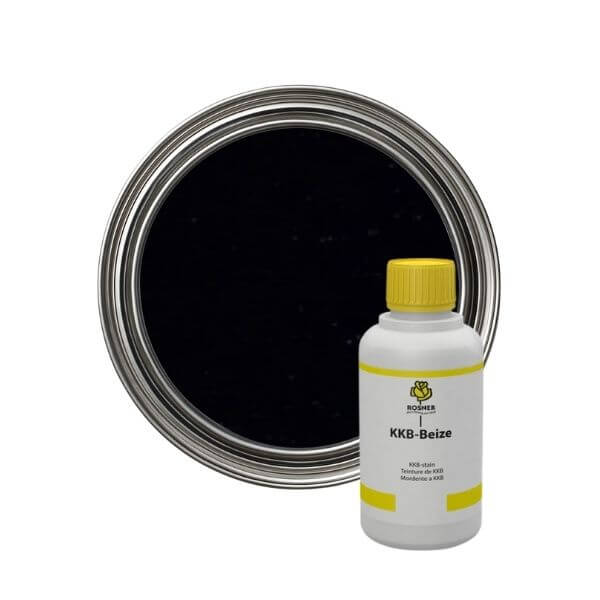 Rosner KKB Wood Stains (1L) bottle and black wood stain sample for hardwood applications.