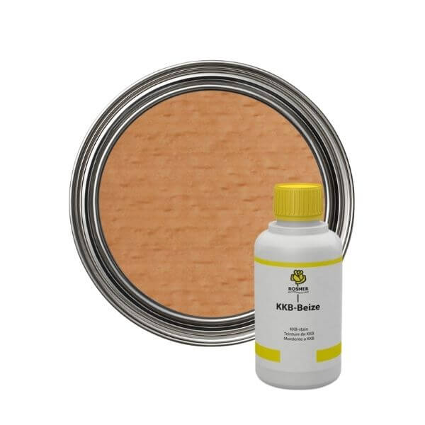 Rosner KKB Wood Stains (1L) bottle with lid beside a can of wood stain color swatch.