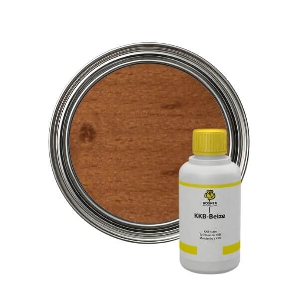 Rosner KKB Wood Stains (1L) bottle and wood stain sample, showcasing deep coloration and quality for hardwoods.