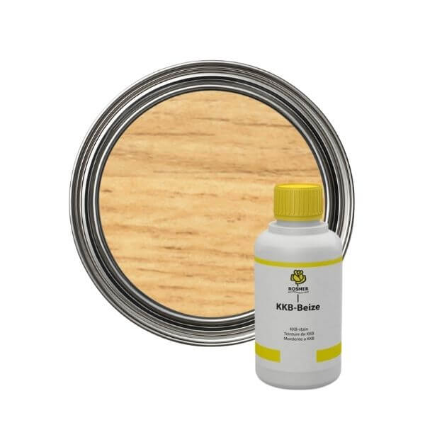 Rosner KKB Wood Stains (1L) bottle next to a wood sample, showcasing dye-based coloration for hardwoods.