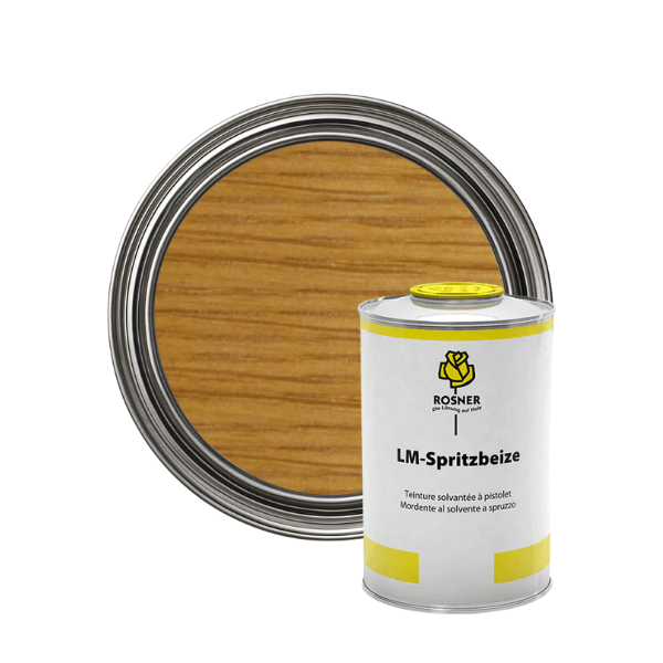 Rosner LM Solvent Spray Wood Stain (1L) with wood finish sample in a round container, showcasing professional-grade staining.