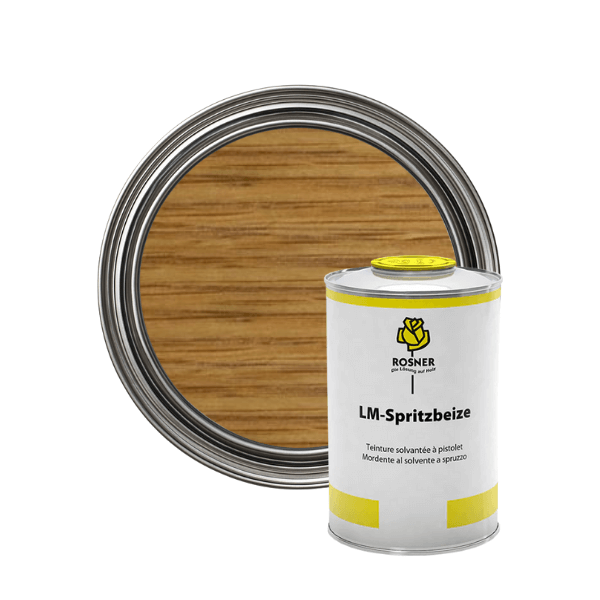 Rosner LM Solvent Spray Wood Stain (1L) can and stained wood sample showcasing color and texture.