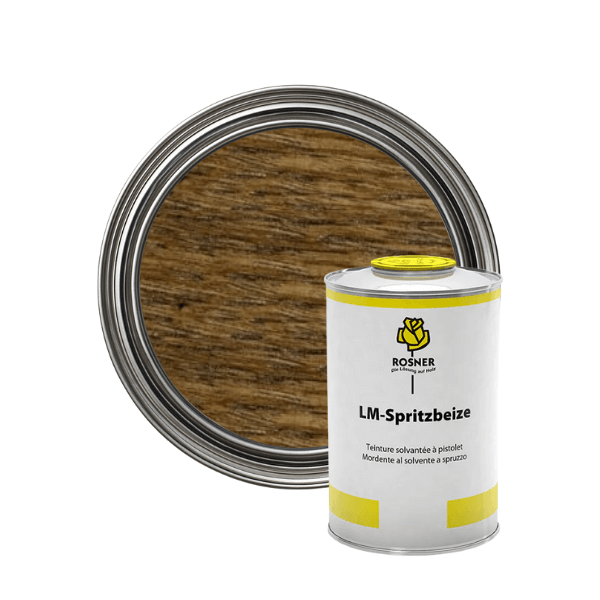Rosner LM Solvent Spray Wood Stain (1L) can with wood sample background