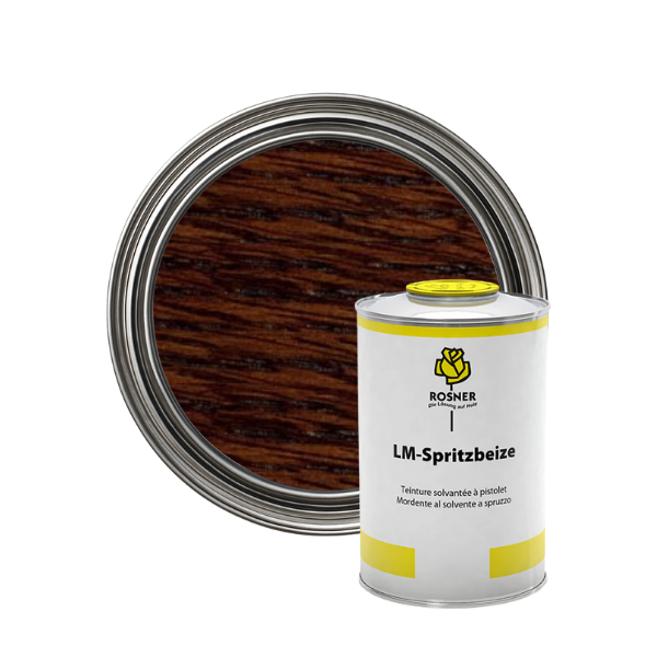 Rosner LM- Spray Stain wood stain can with wooden sample on a white background