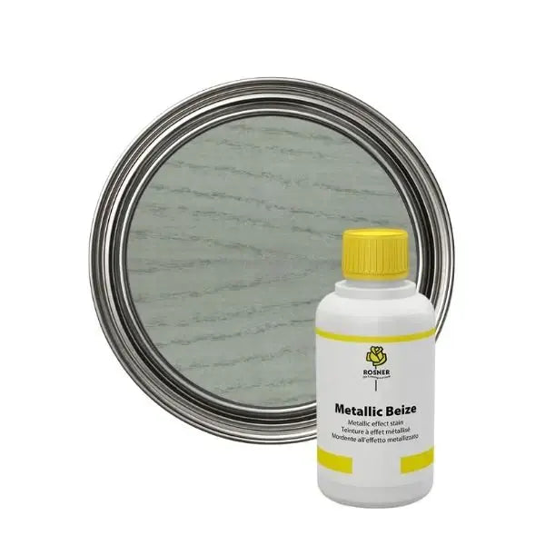 Rosner Metallic Wood Stain (1L) bottle next to a metallic finished surface sample.