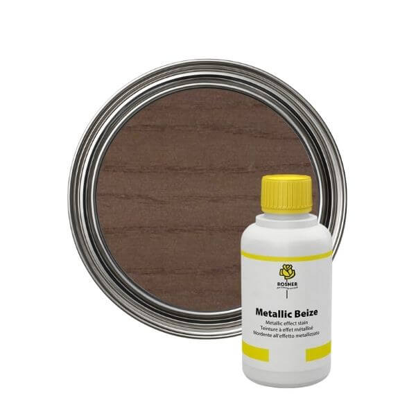 Rosner Metallic Wood Stain (1L) bottle and can showcasing a shimmering metallic effect for wood finishes.