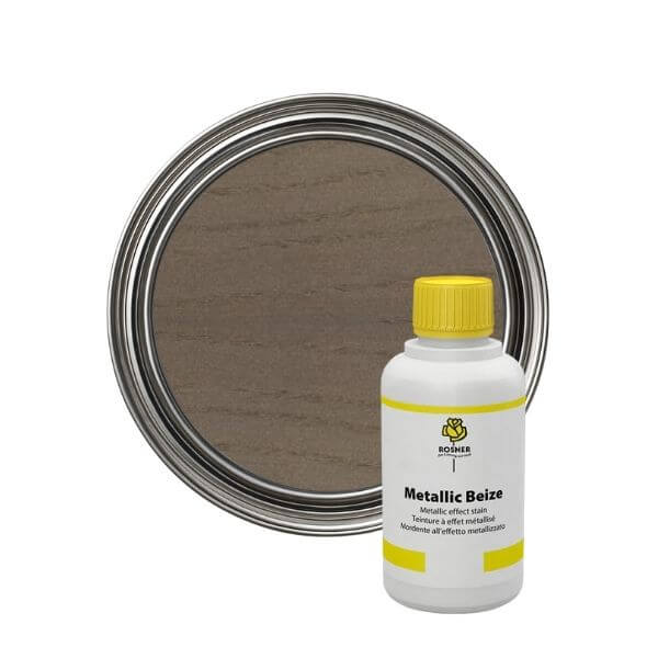 Rosner Metallic Wood Stain (1L) bottle and can showcasing metallic finish for furniture and interiors.