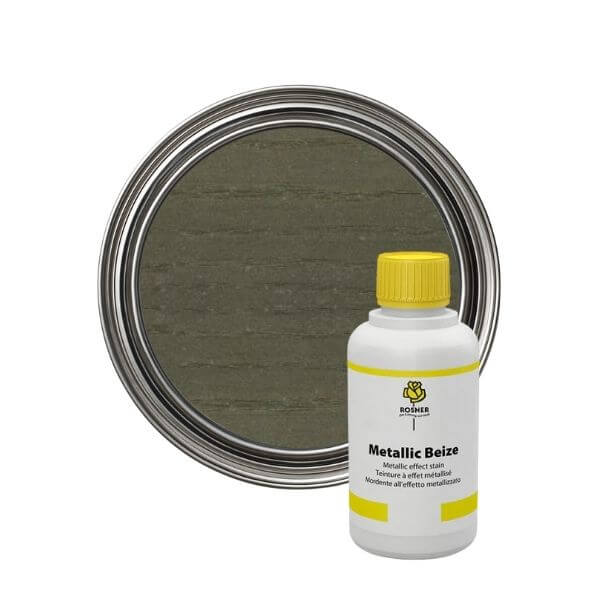 Rosner Metallic Wood Stain (1L) displayed with a can and bottle showcasing unique metallic effect for furniture.