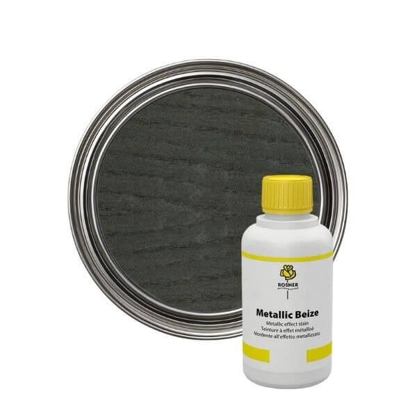 Rosner Metallic Wood Stain (1L) bottle and metallic wood stain in tin showcasing decorative finish.