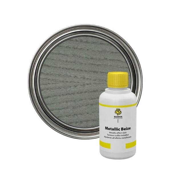 Rosner Metallic Wood Stain (1L) bottle beside a can showcasing a shimmering metallic finish for wood.