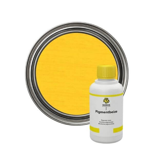 Rosner Pigment Wood Stains (1L) bottle next to a yellow paint can showcasing wood staining products.