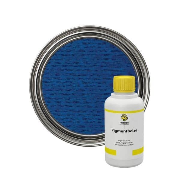 Rosner Pigment Wood Stains (1L) bottle and blue wood stain color swatch