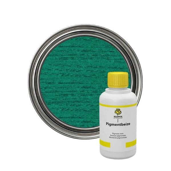 Rosner Pigment Wood Stains (1L) bottle and can, showcasing vibrant green pigment wood stain.