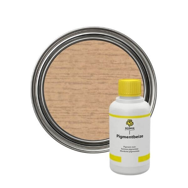 Rosner Pigment Wood Stains (1L) bottle and can of wood stain on a light wooden background.